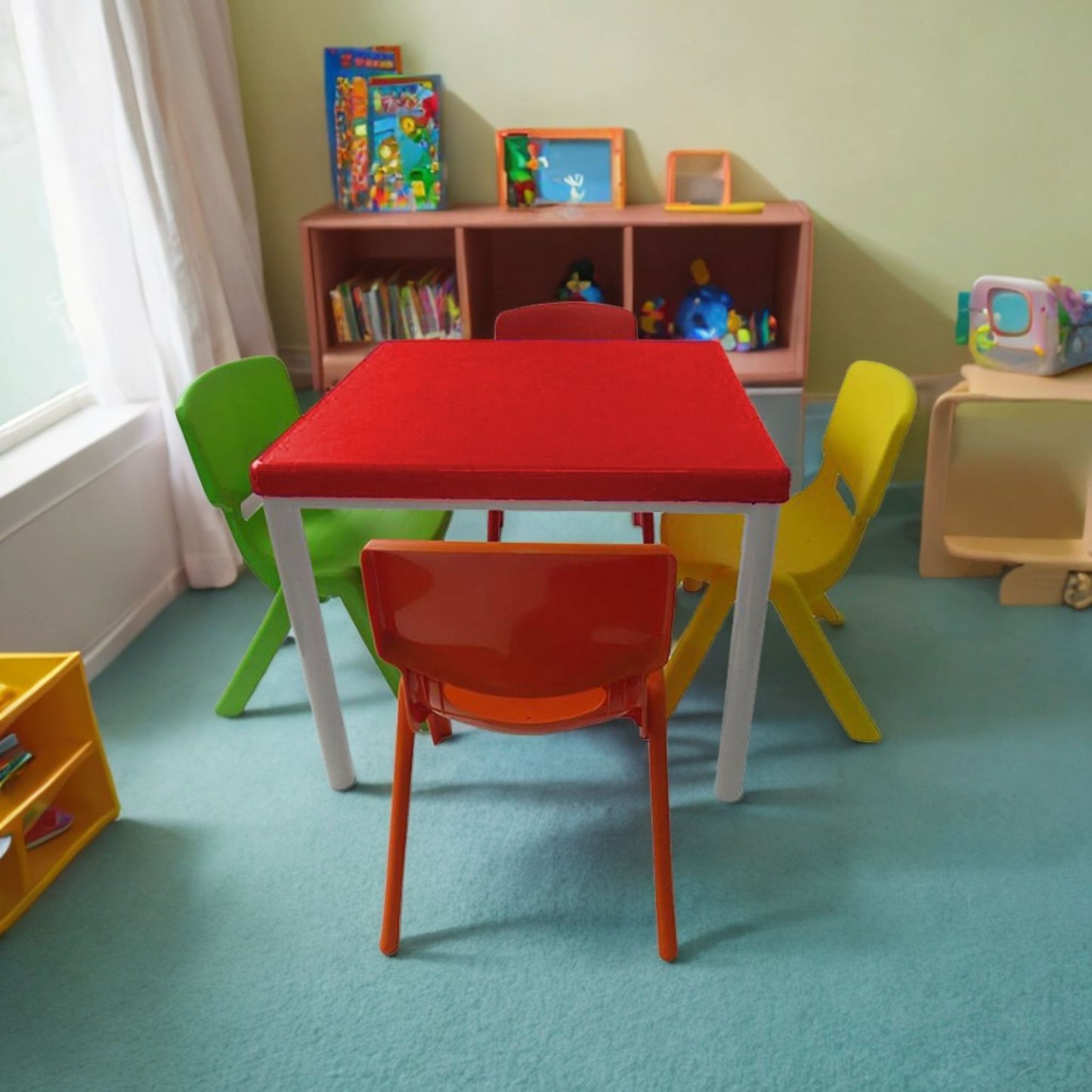 Mesa Infantil Andy roja con 4 Sillas Andy multicolor
