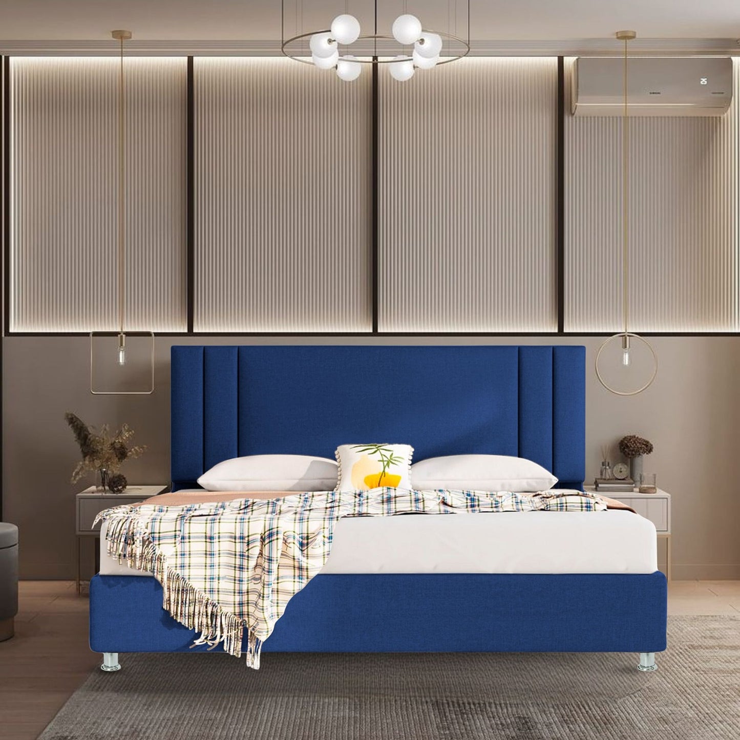 Base Cama con Espaldar + Colchon King Lupe 200x200x130 azul