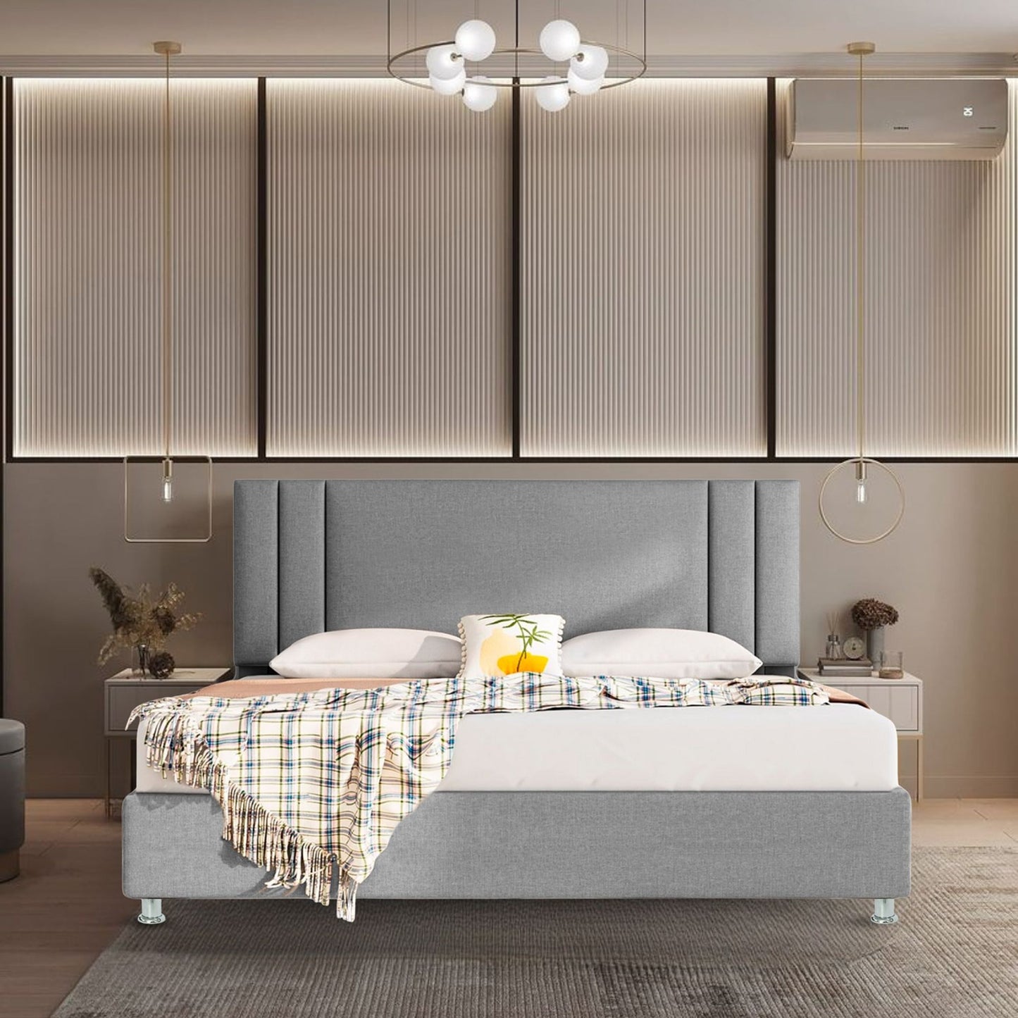 Base Cama Con Espaldar Queen Lupe Gris Plata