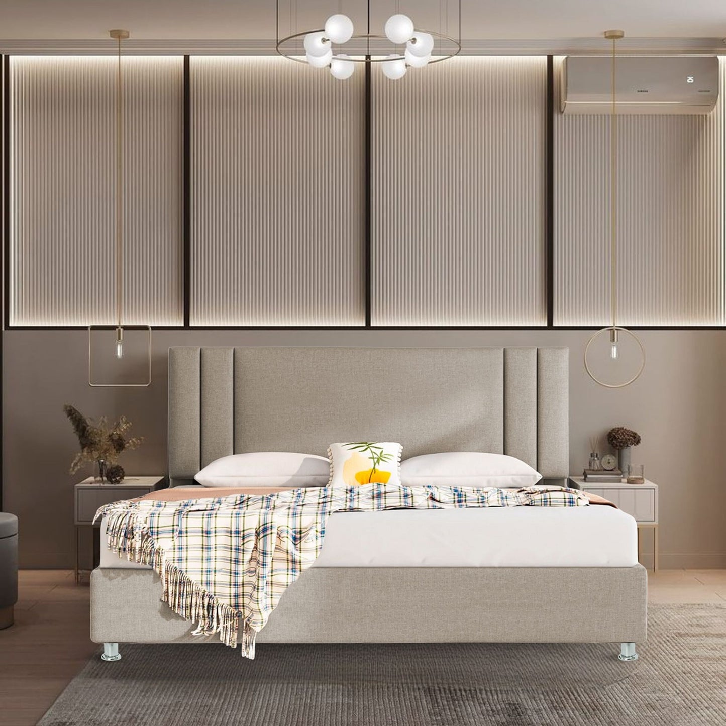 Base Cama con Espaldar + Colchon Doble Lupe Taupe