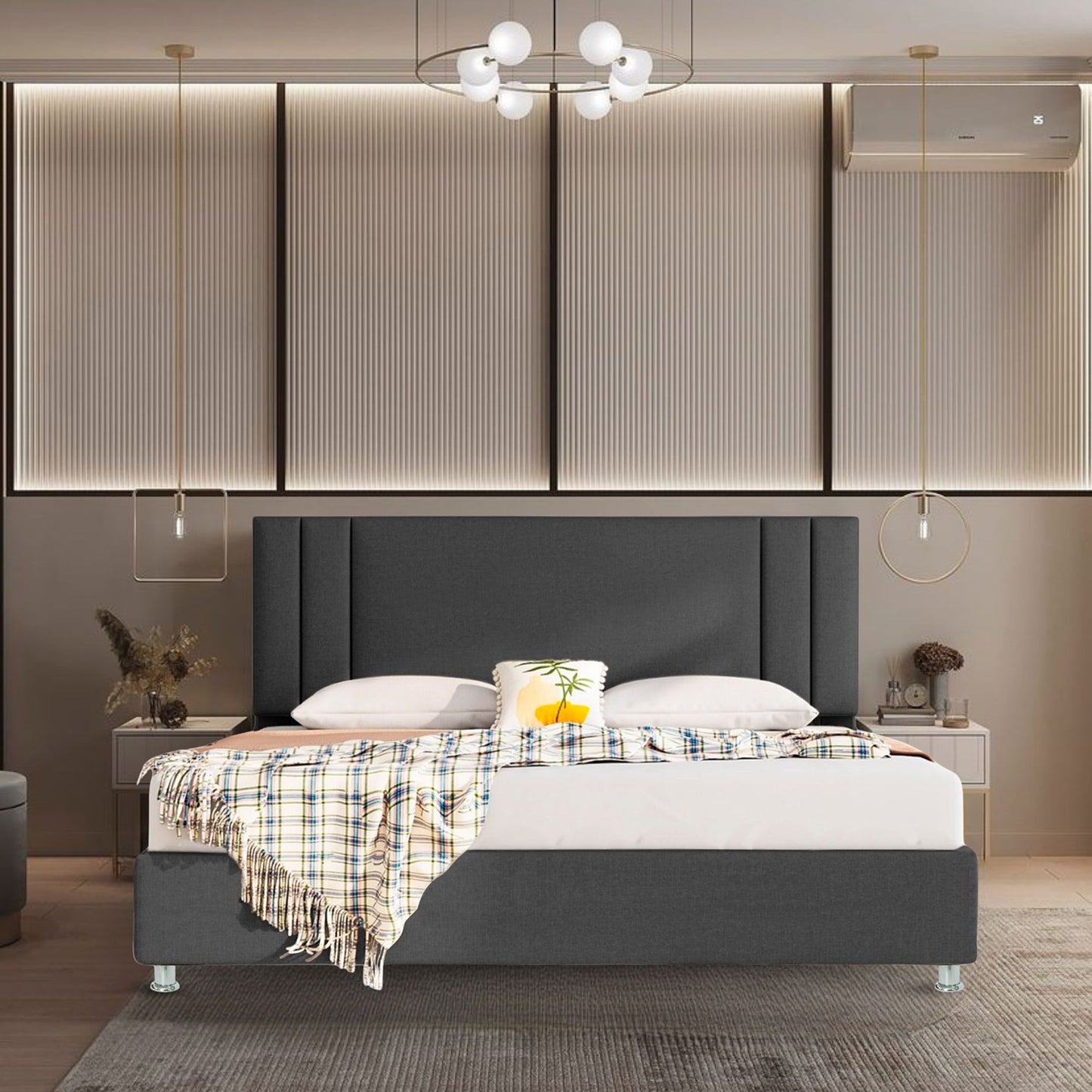 Base Cama con Espaldar + Colchon King Lupe 200x200x130 gris plomo