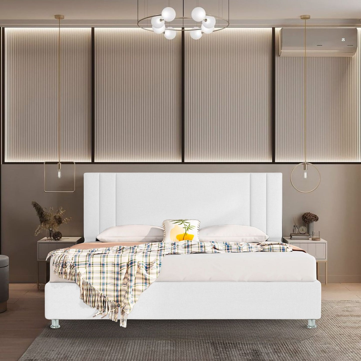 Base Cama con Espaldar + Colchon Queen Lupe 160x190x130 blanco