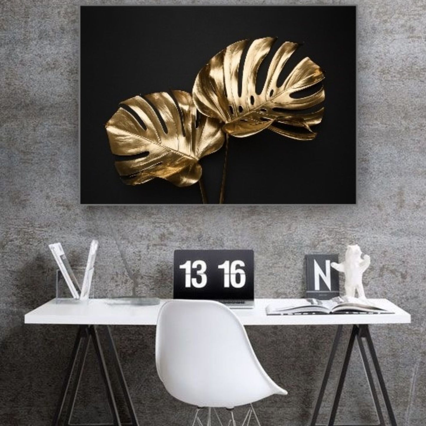 Cuadro en MDF tipo Marmol Planta Mostera Gold 50x70x5