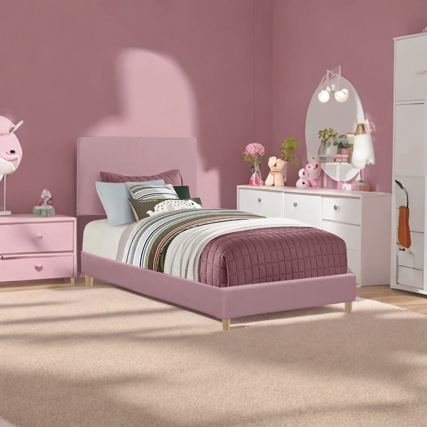 Base Cama con Espaldar Sencillo Infantil Nino 100x190x115 rosado