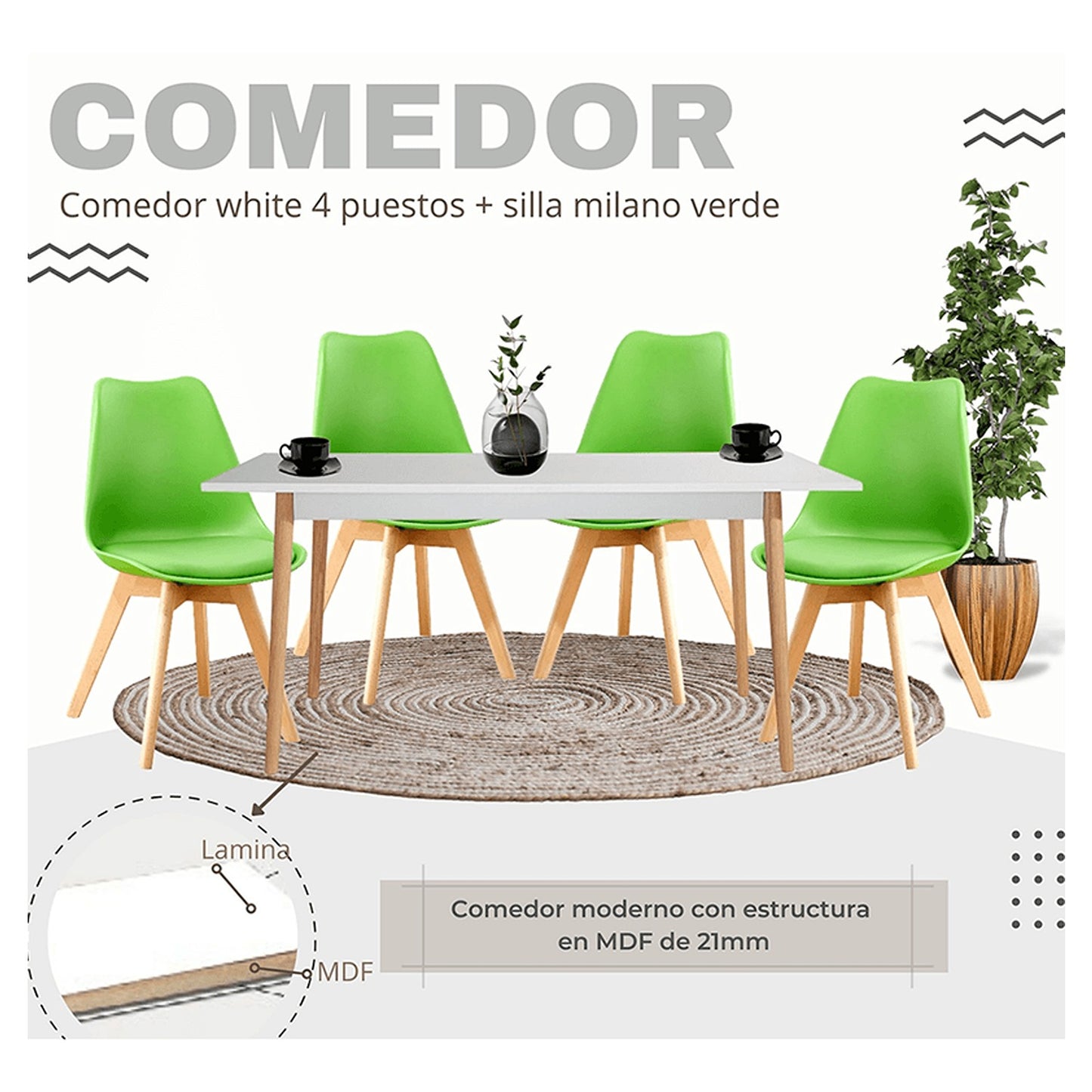 Juego de Comedor White con 4 Sillas Milano verde