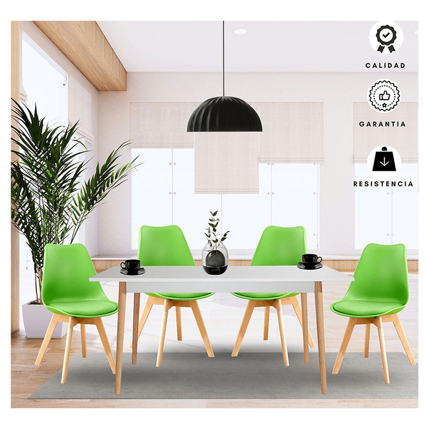 Juego de Comedor White con 4 Sillas Milano verde