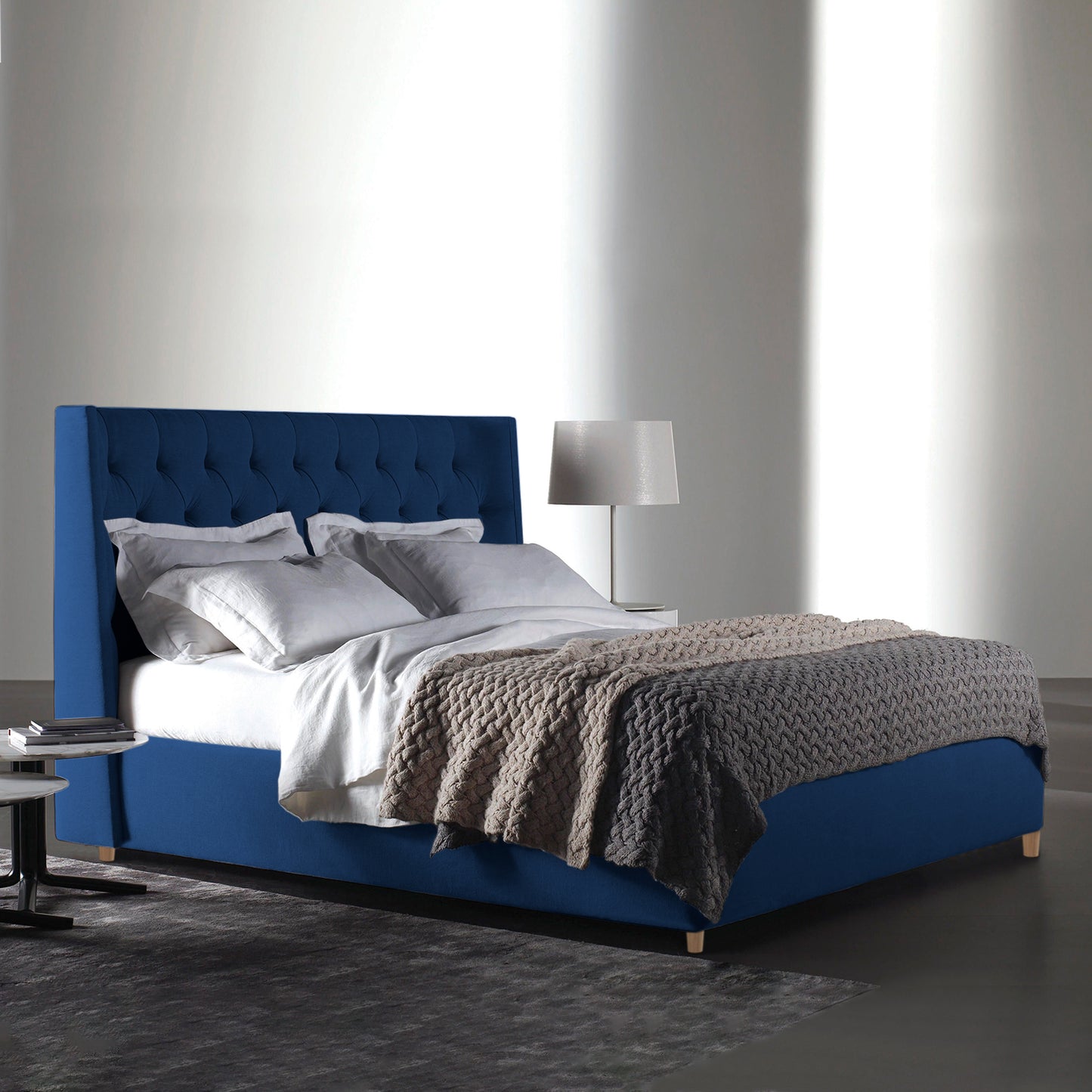Base Cama Con Espaldar Sencillo Marfil Azul