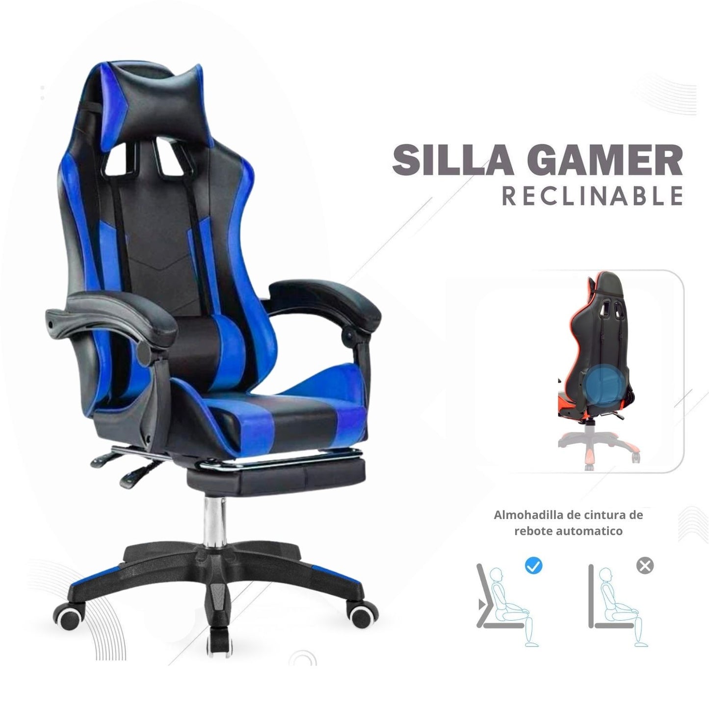 Silla Gamer Ergonomica Reclinable Kairo Azul