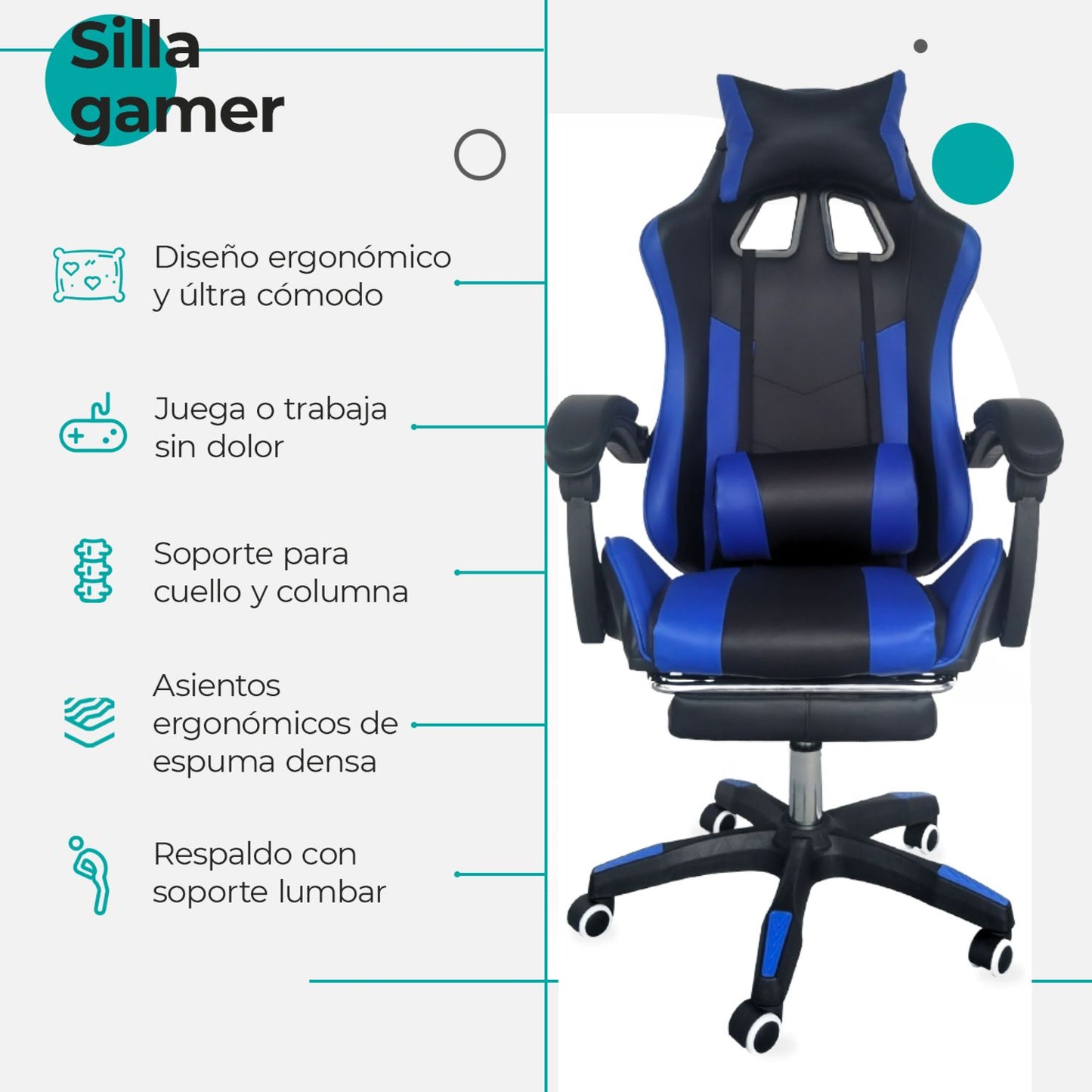 Silla Gamer Ergonomica Reclinable Kairo Azul