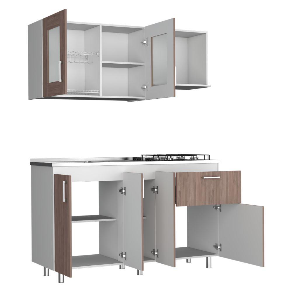 Cocina Integral Ponch Castaño Y Blanco Con Mesón Izquierdo