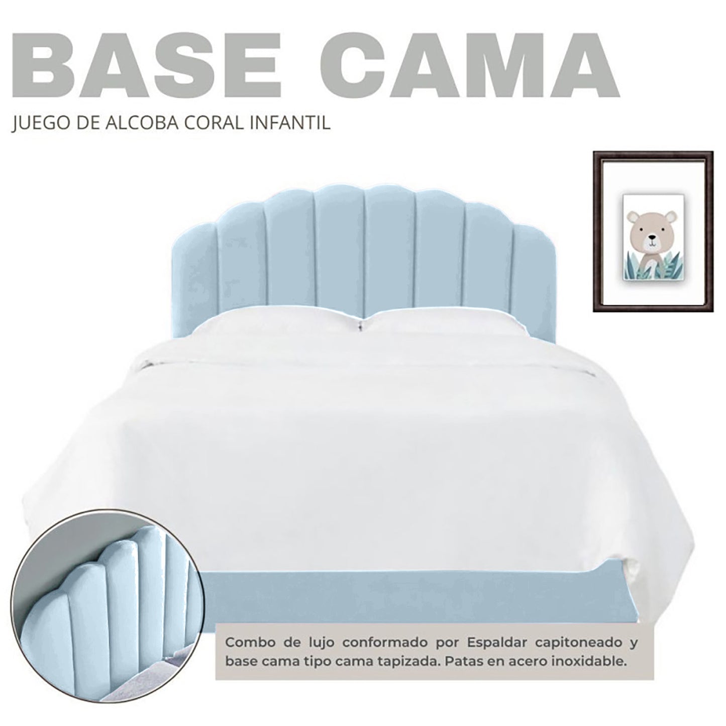 Base Cama con Espaldar Semidoble Infantil Coral azul cielo