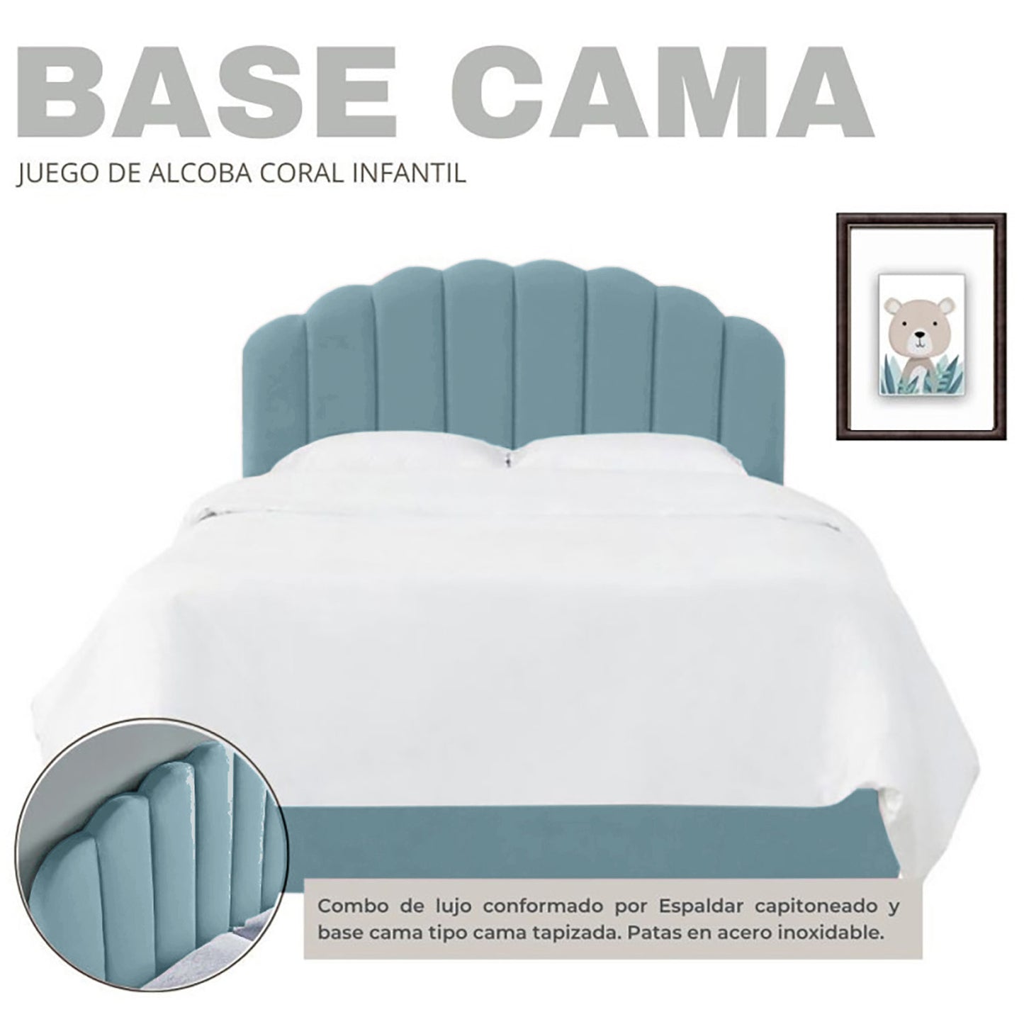 Base Cama con Espaldar Sencillo Infantil Coral azul claro
