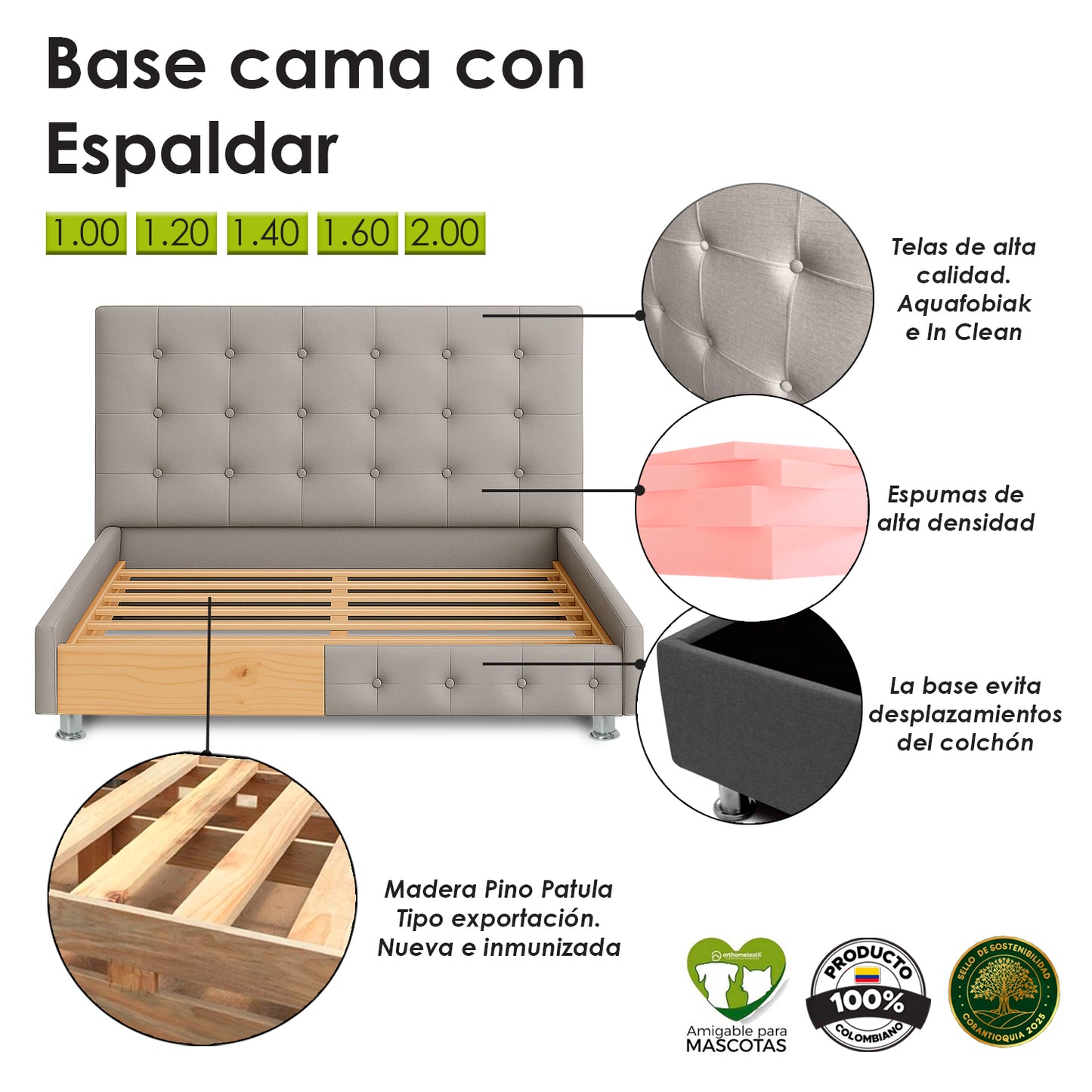 Base Cama Con Espaldar Sencillo Capital Beige