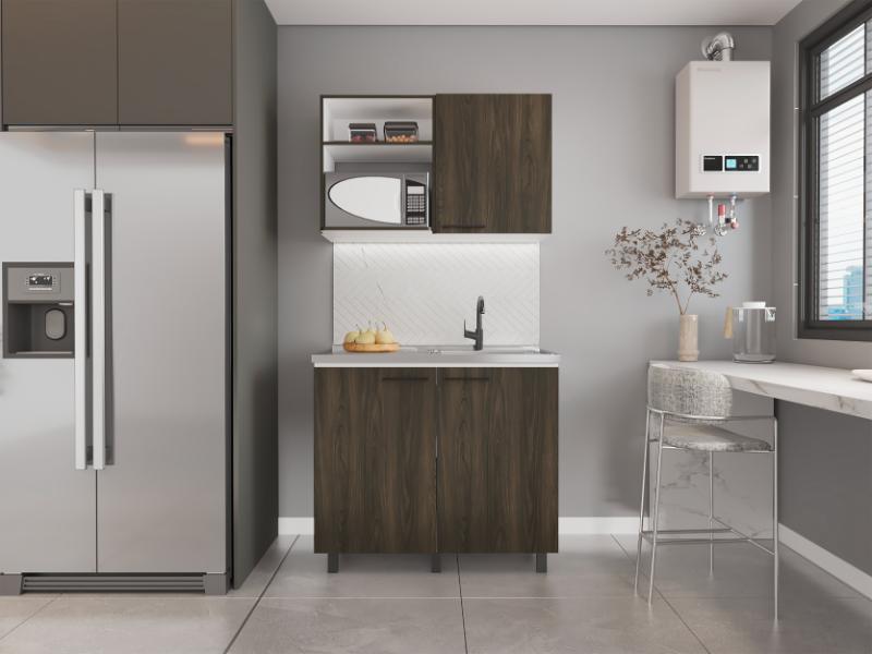 Cocina Integral Shelf Nogal Y Blanco Con Mesón Derecho