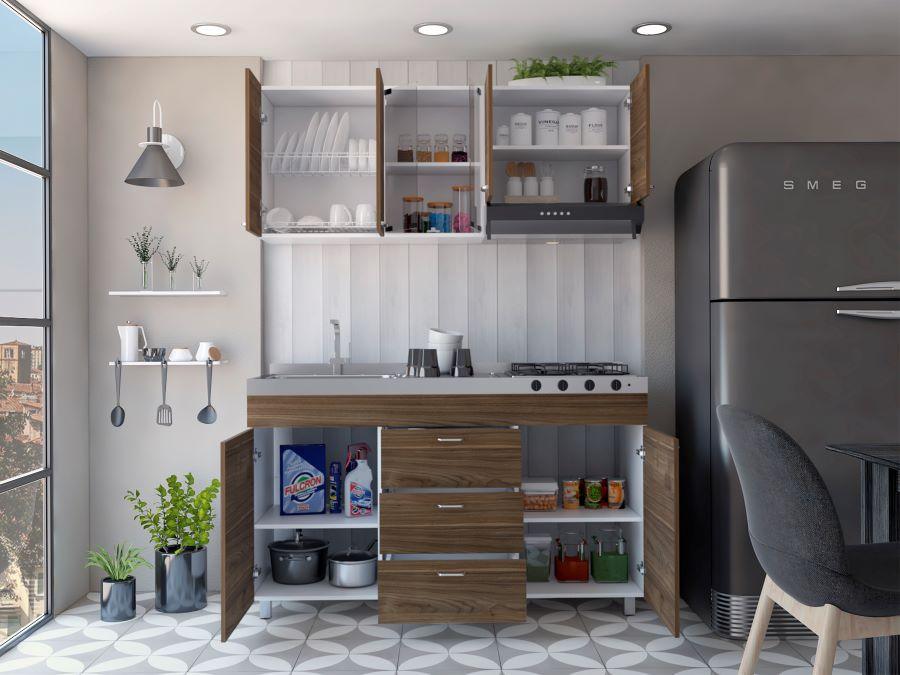 Cocina Integral Ilvona Castaño Y Blanco Con Mesón Izquierdo