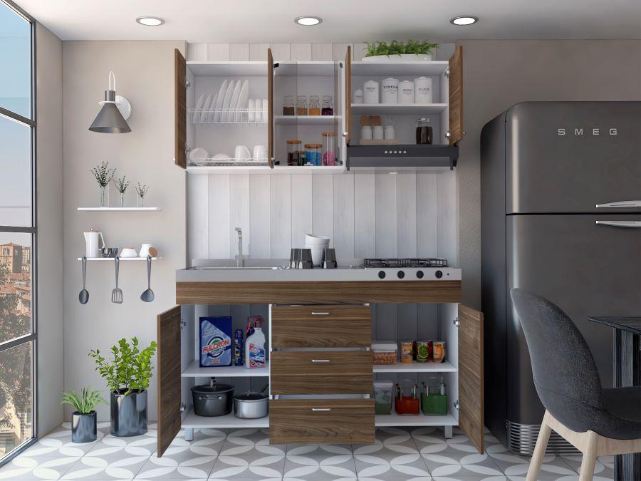 Cocina Integral Ilvona Castaño Y Blanco Sin Mesón
