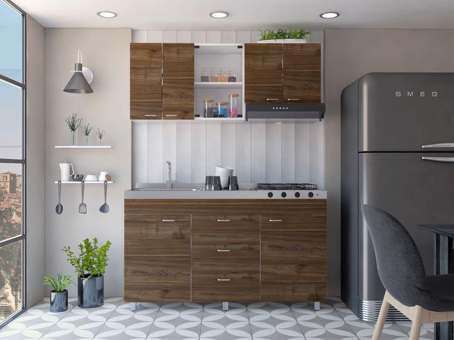 Cocina Integral Ilvona Castaño Y Blanco Con Mesón Izquierdo