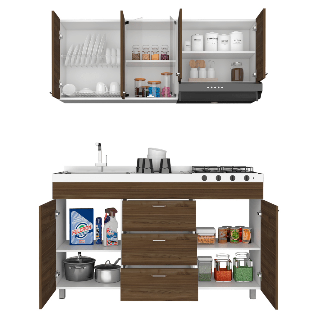 Cocina Integral Ilvona Castaño Y Blanco Con Mesón Izquierdo