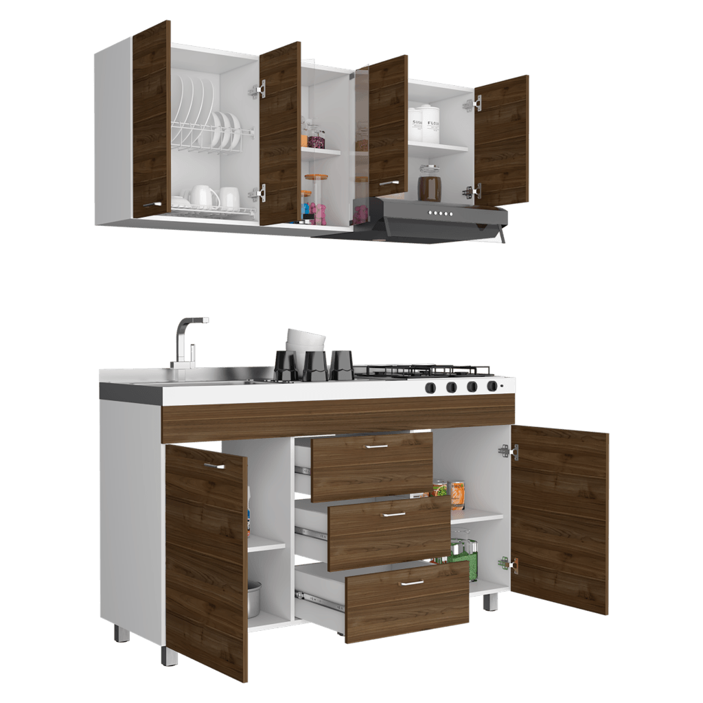 Cocina Integral Ilvona Castaño Y Blanco Con Mesón Izquierdo