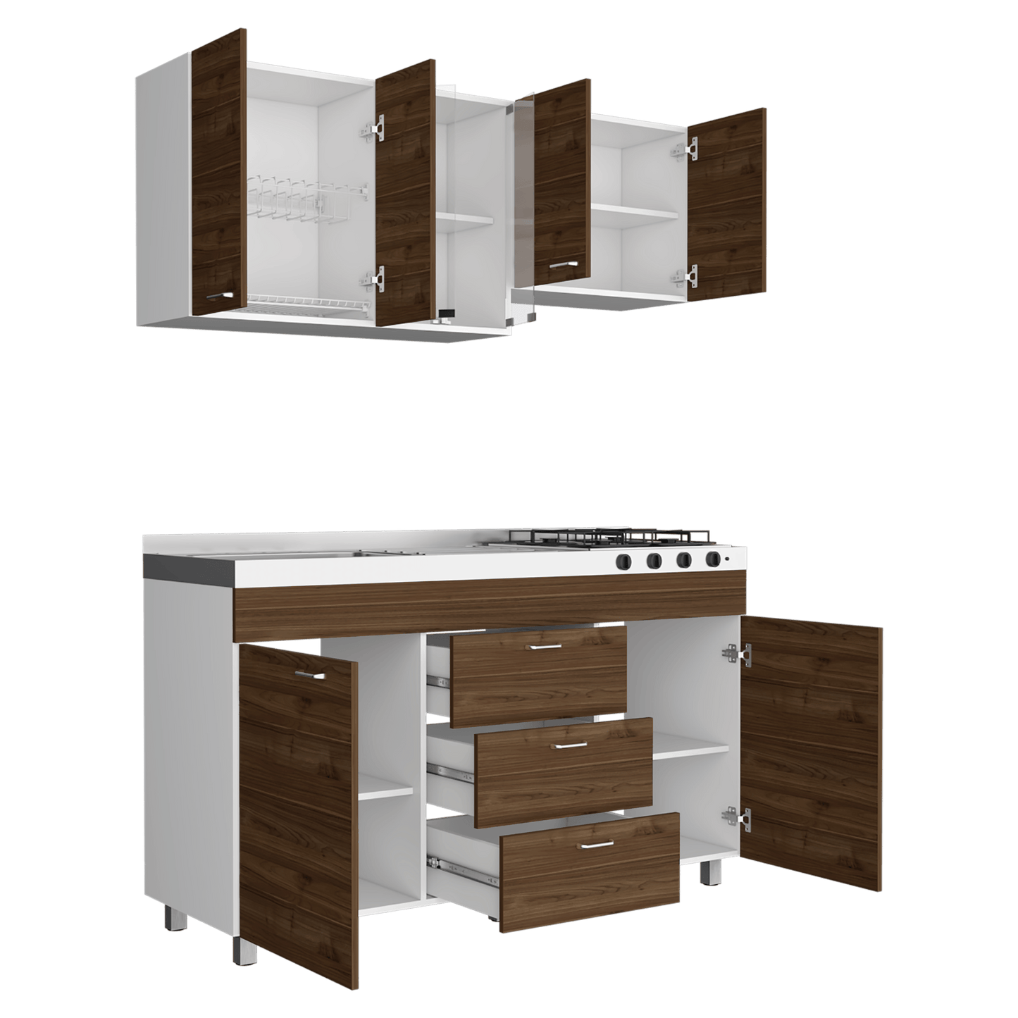 Cocina Integral Ilvona Castaño Y Blanco Con Mesón Izquierdo