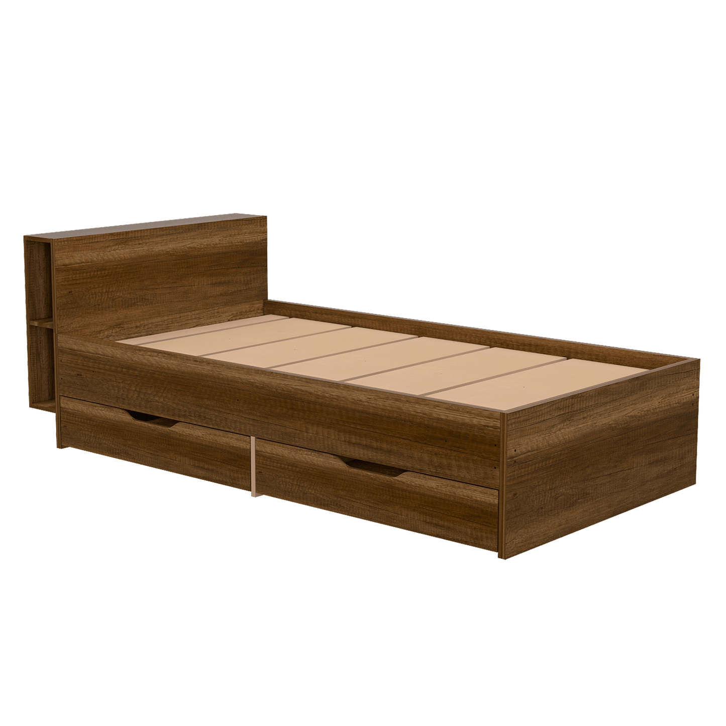 Cama Sencilla Illena, Cobre, Con Detalle Funcional En La Cabecera Para Libros Y Objetos Personales