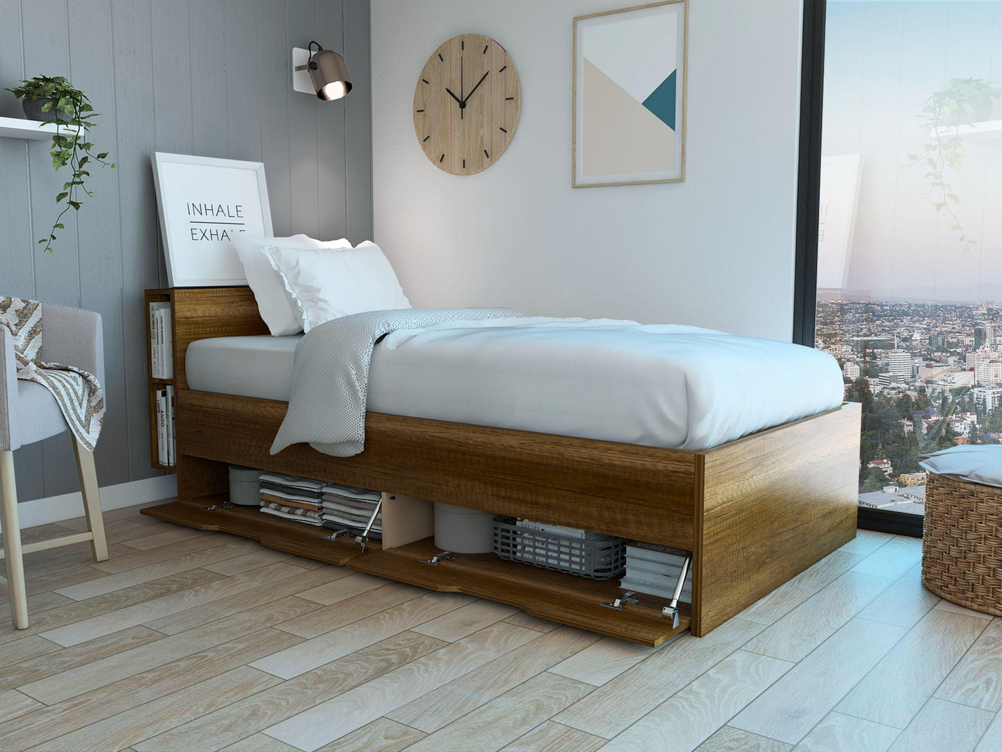 Cama Sencilla Illena, Cobre, Con Detalle Funcional En La Cabecera Para Libros Y Objetos Personales