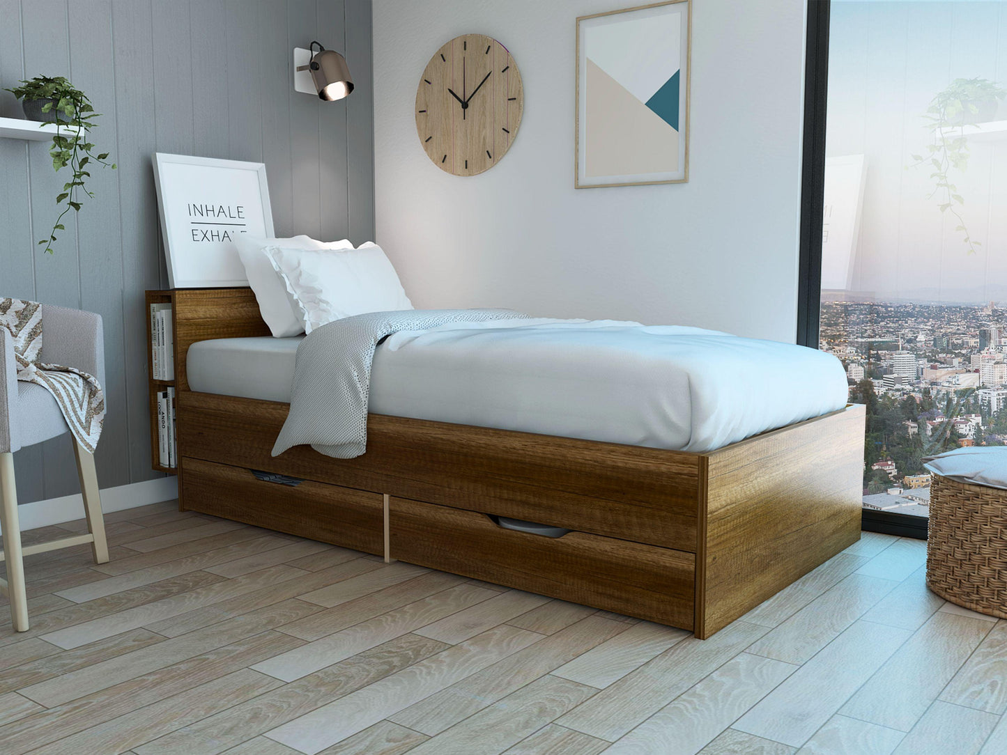 Cama Sencilla Illena, Cobre, Con Detalle Funcional En La Cabecera Para Libros Y Objetos Personales