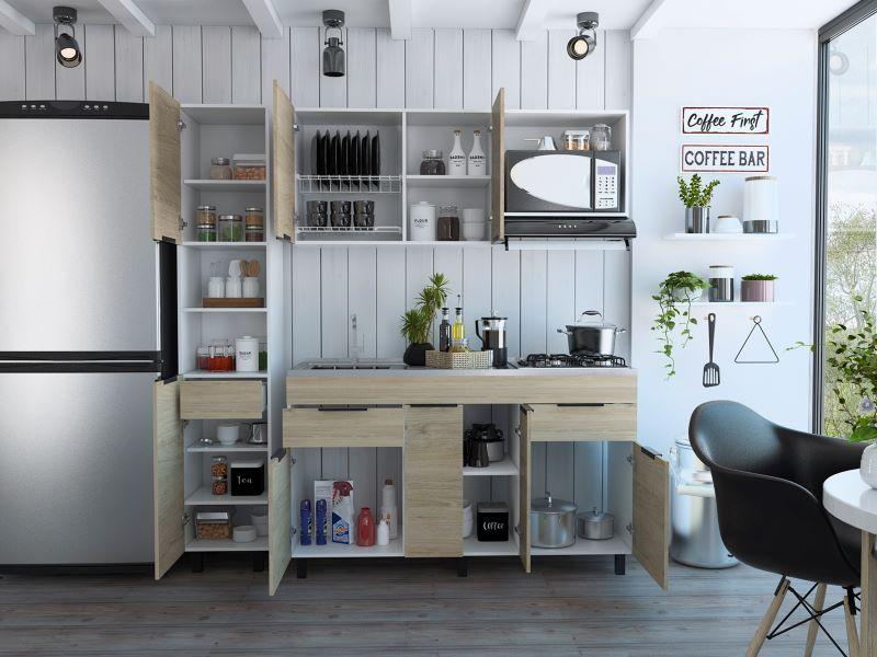 Cocina Integral Roplat Rovere Y Blanco Con Mesón Izquierdo
