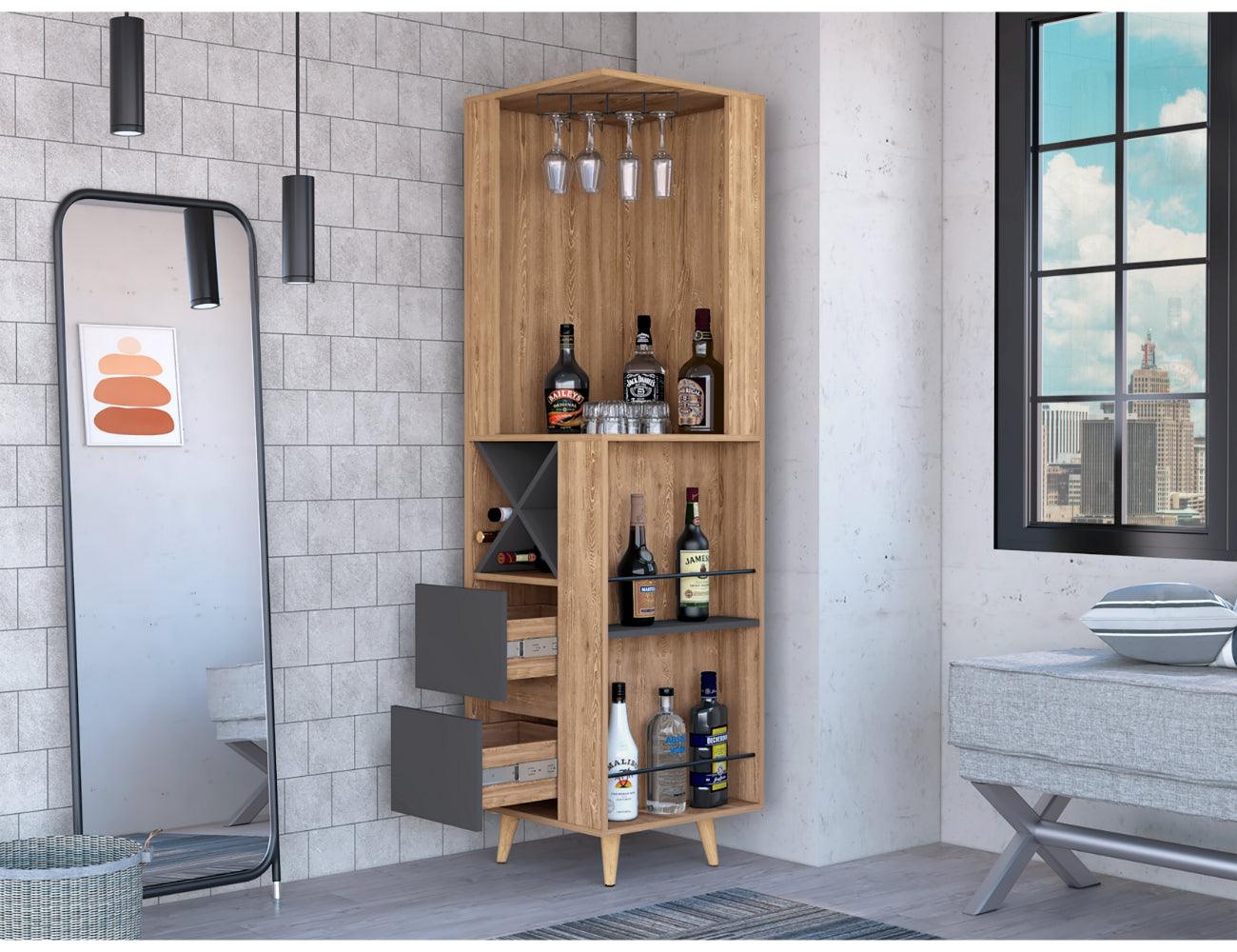 Bar Esquinero Shiral, Miel Y Plata Oscuro, Con Amplio Espacio De Almacenamiento Y Porta Copas