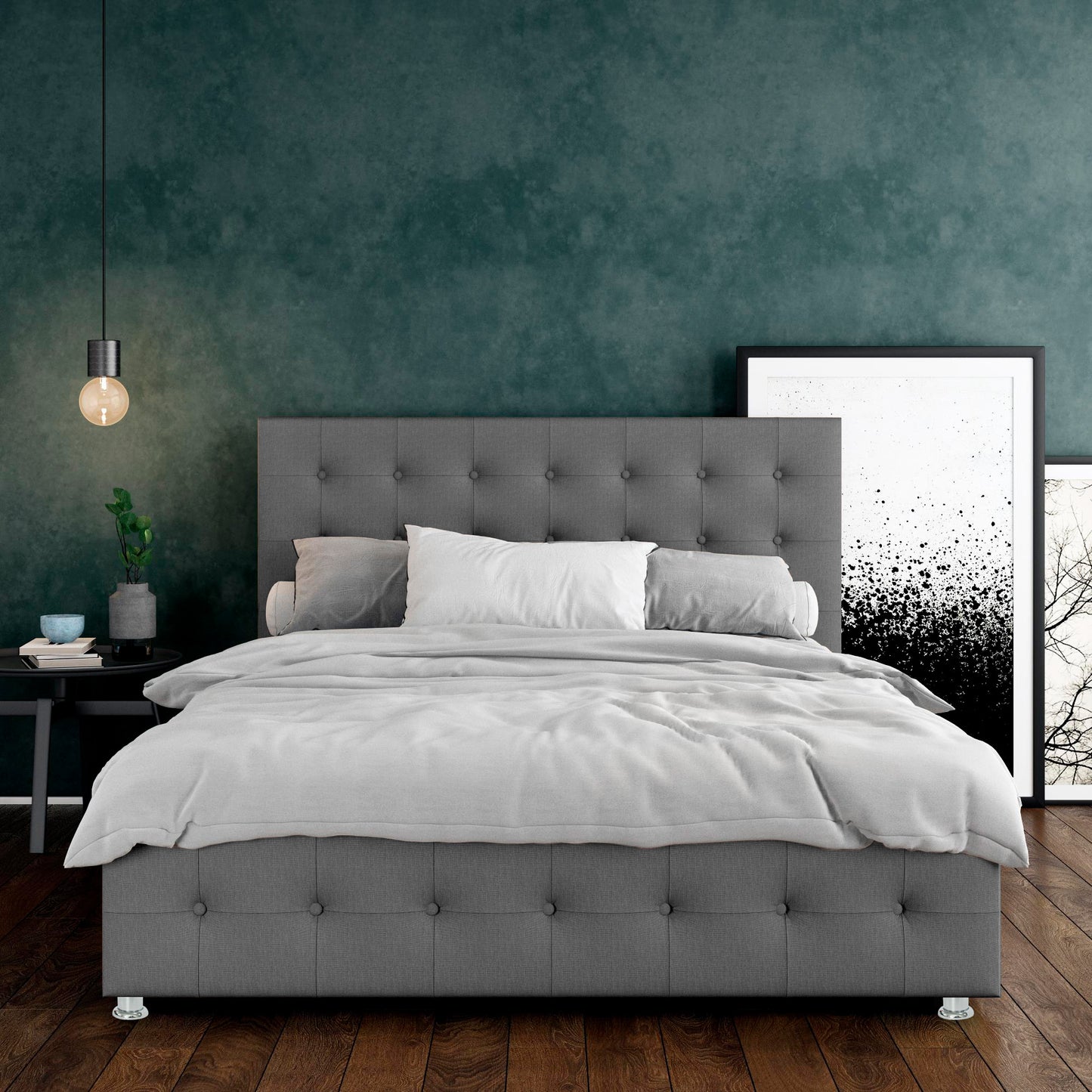 Base Cama con Espaldar + Colchon King Capital 200x200x150 gris plata