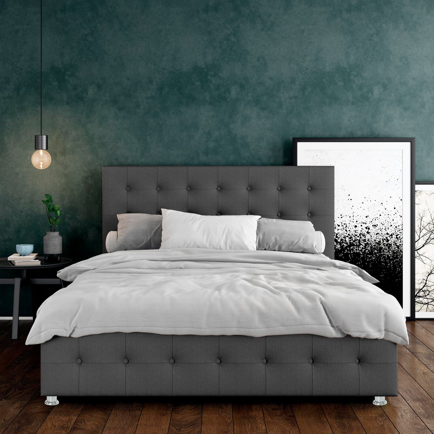 Base Cama con Espaldar + Colchon Queen Capital 160x190x150 gris plomo