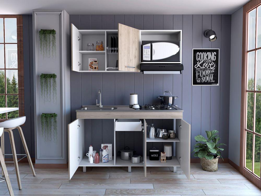 Cocina Integral Deinna Ceniza Y Blanco Con Mesón Izquierdo