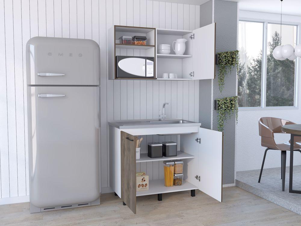 Cocina Integral Shelf Blanco Y Nogal Con Mesón Derecho