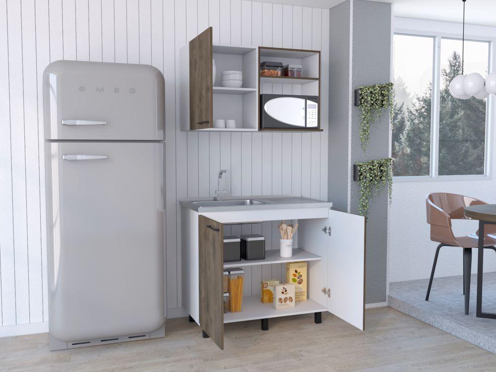 Cocina Integral Shelf Blanco Y Nogal Con Mesón Izquierdo