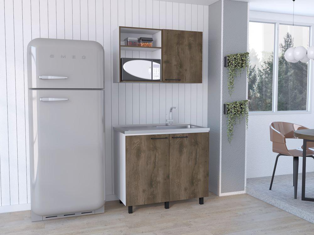 Cocina Integral Shelf Blanco Y Nogal Con Mesón Derecho