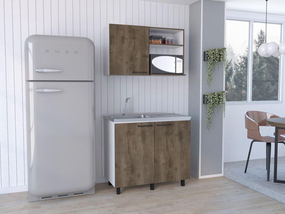 Cocina Integral Shelf Blanco Y Nogal Con Mesón Izquierdo