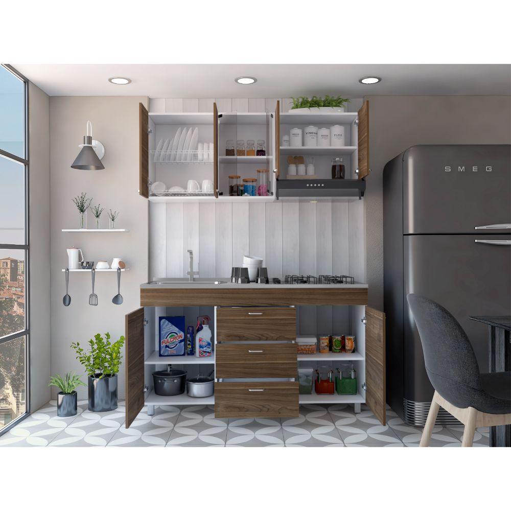 Cocina Integral Ilvona Castaño Y Blanco Con Mesón Izquierdo