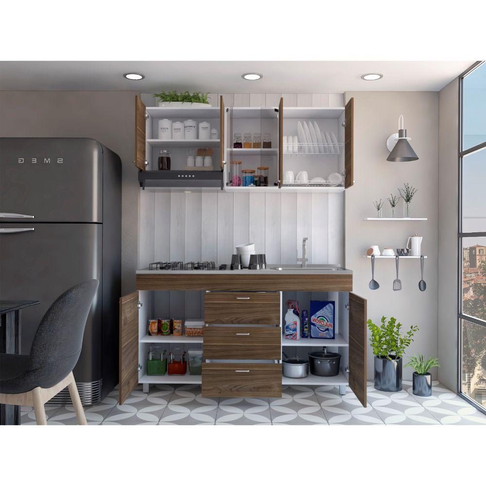 Cocina Integral Ilvona Castaño Y Blanco Con Mesón Derecho