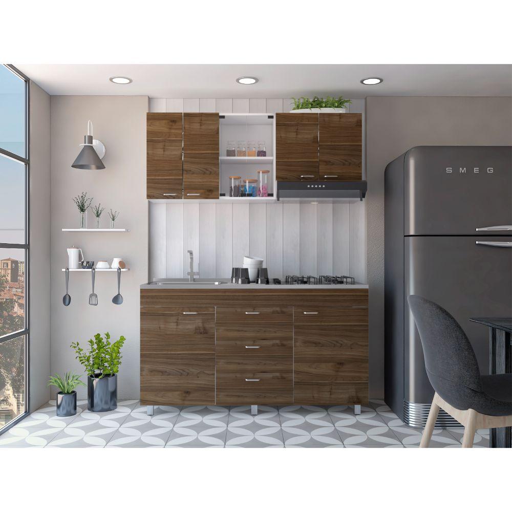 Cocina Integral Ilvona Castaño Y Blanco Con Mesón Izquierdo