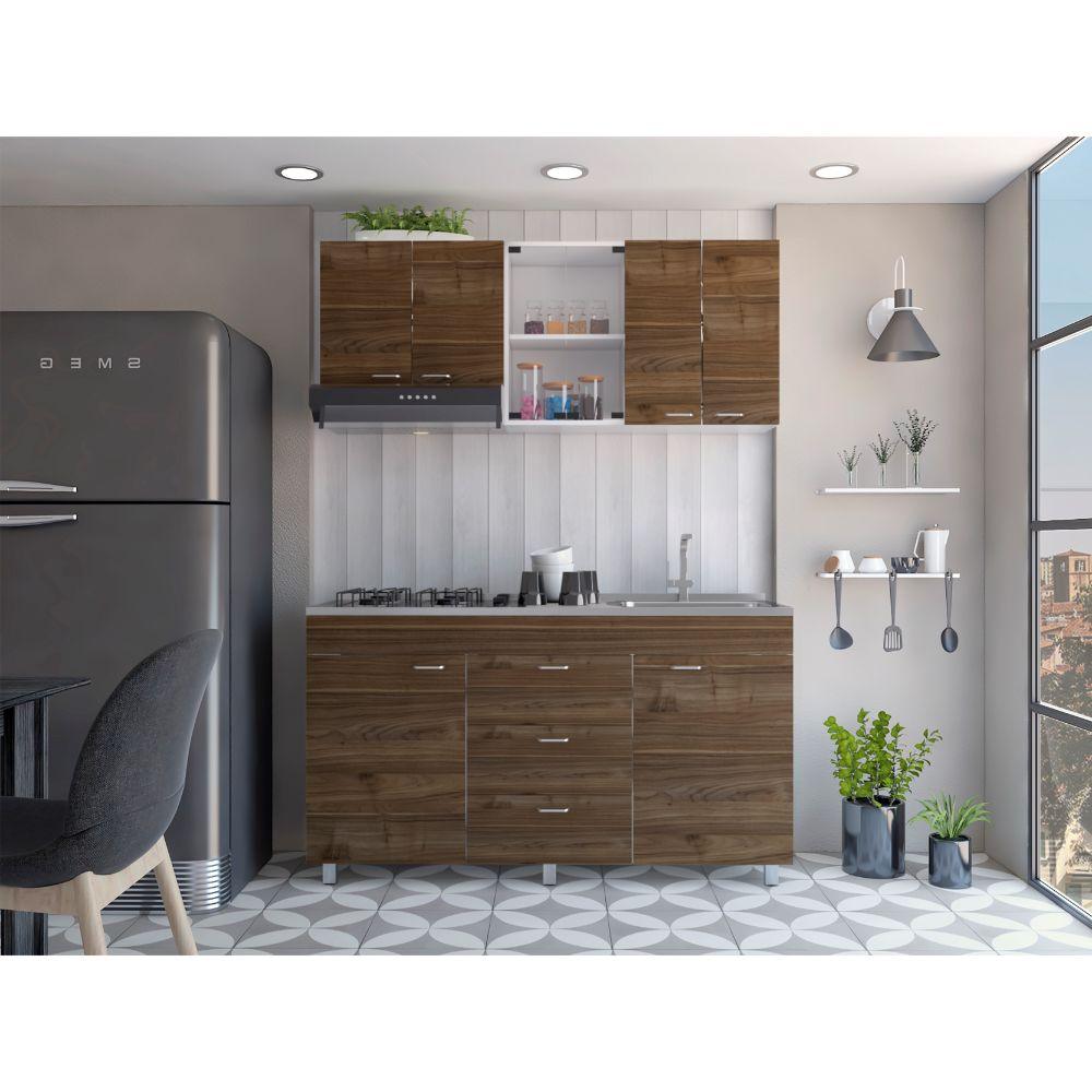 Cocina Integral Ilvona Castaño Y Blanco Con Mesón Derecho