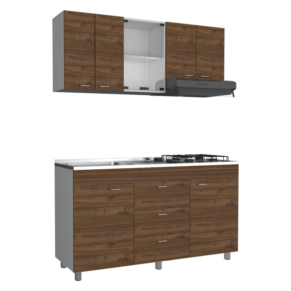 Cocina Integral Ilvona Castaño Y Blanco Con Mesón Izquierdo