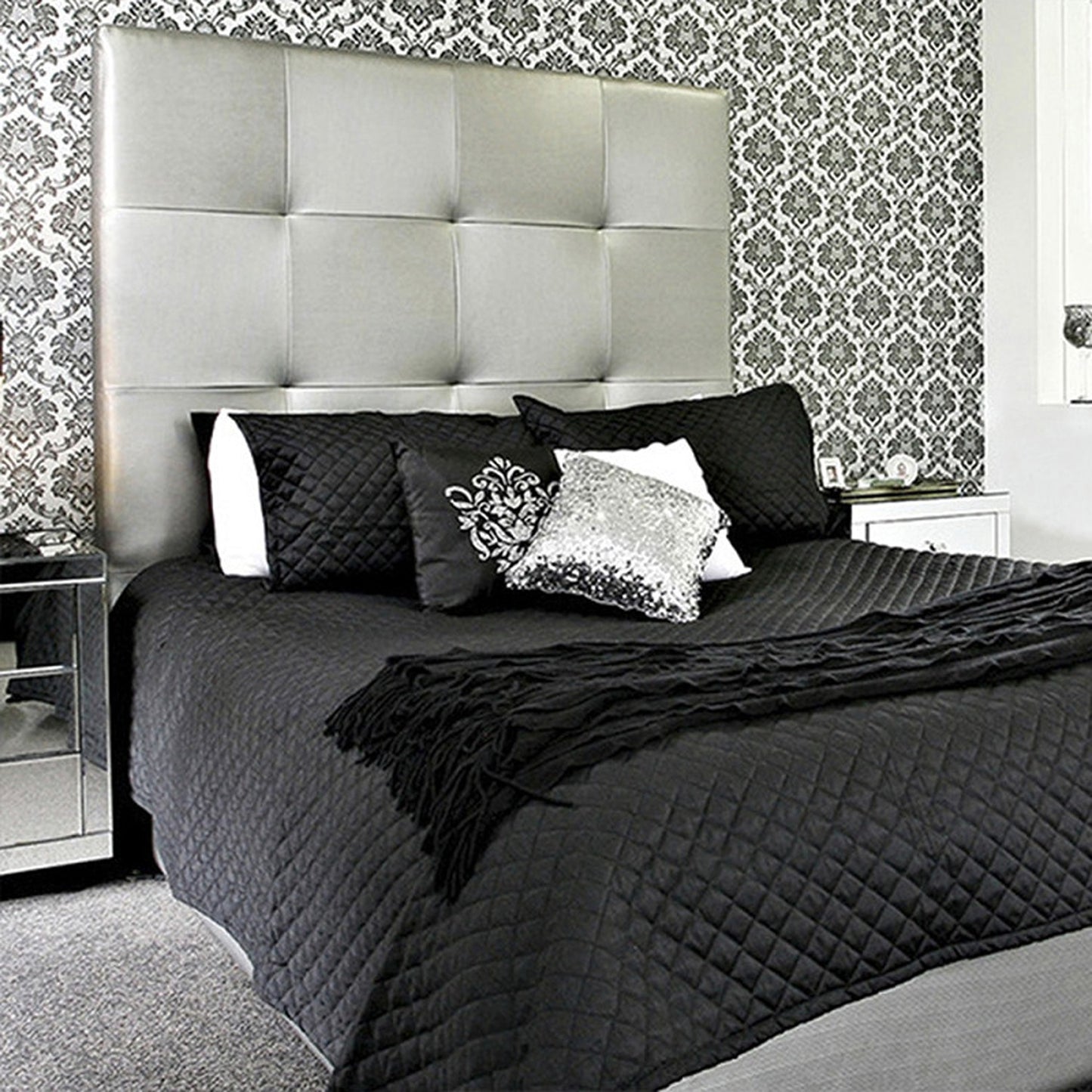 Base Cama con Espaldar + Colchon Doble Rock 140x190x150 gris plata