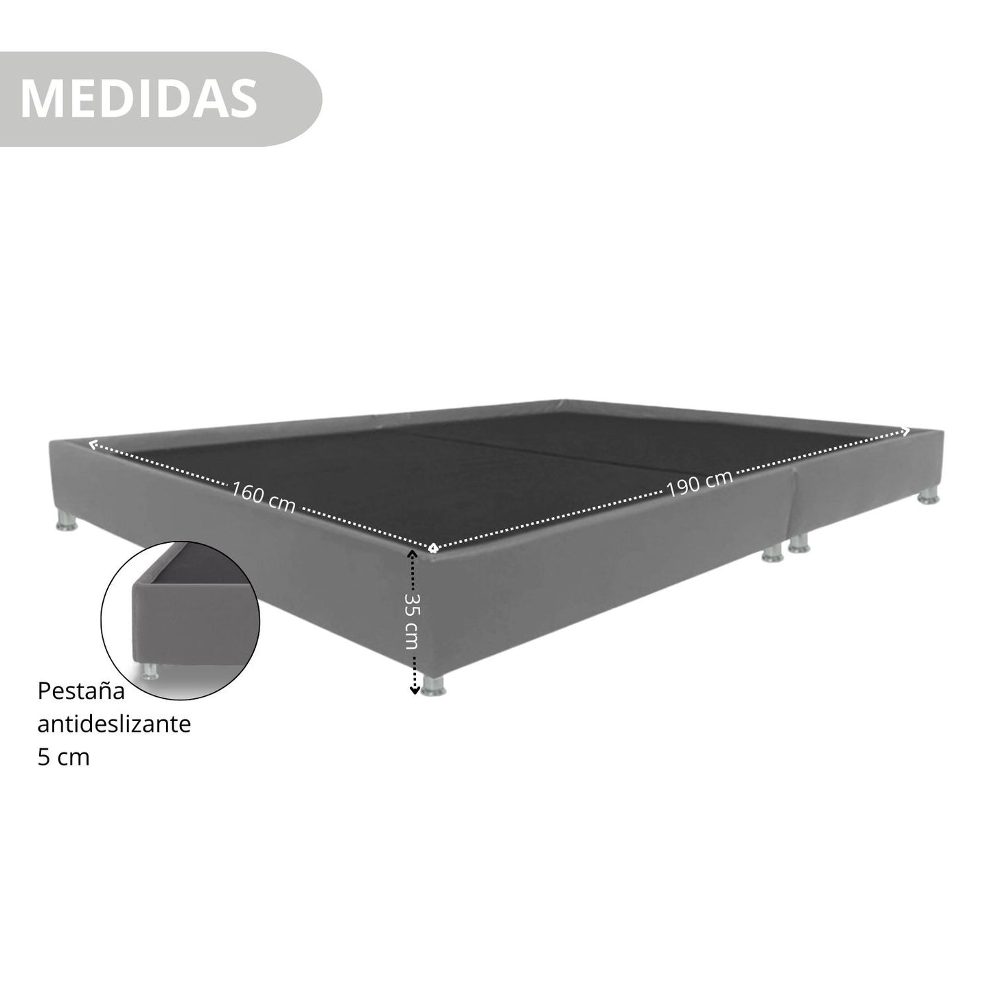 Colchón 1 Pillow Queen 160x190 Primavera Bamboo + Base Cama Tapizada Tela Premium Gris