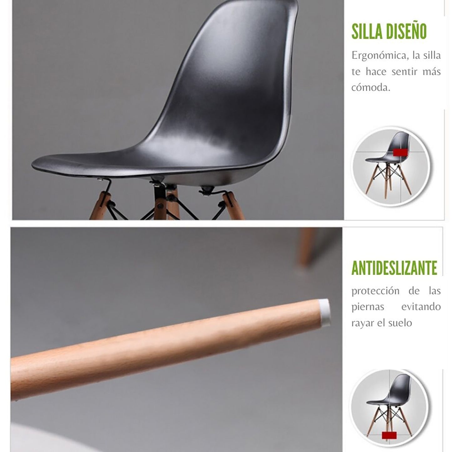 Juego de Comedor Madera Robledo con 4 Sillas Eames negra