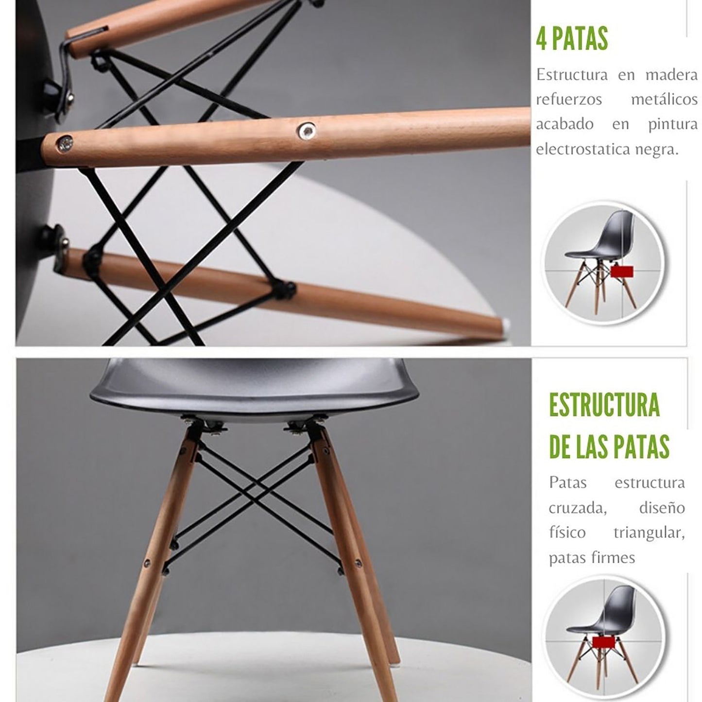 Juego de Comedor Robledo Premium habano con 4 Sillas Eames negras