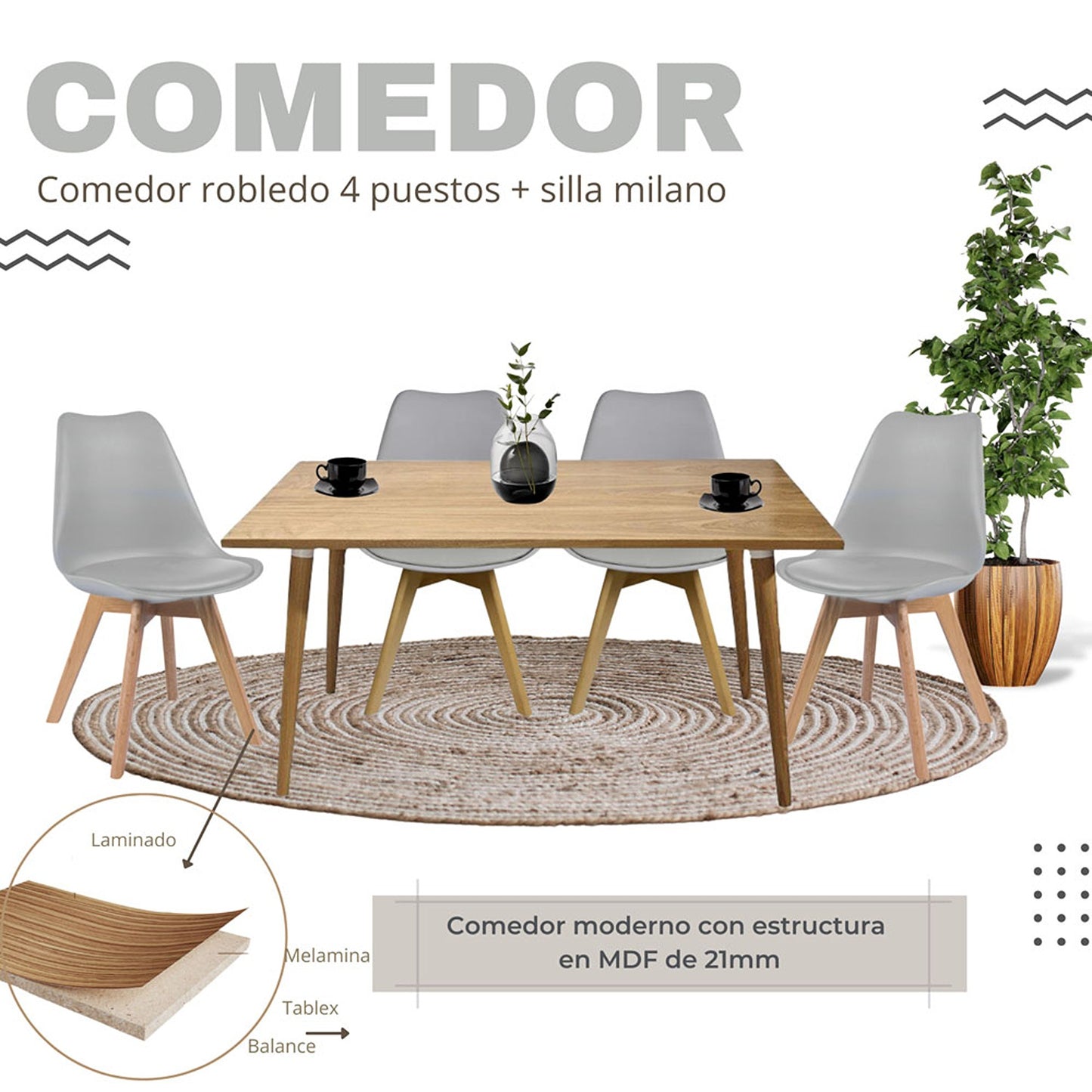 Juego de Comedor Madera Robledo con 4 Sillas Milano gris