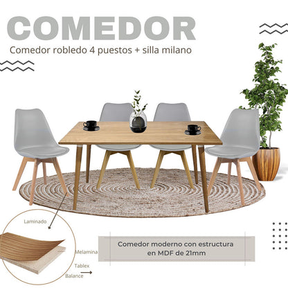 Juego de Comedor Madera Robledo con 4 Sillas Milano gris