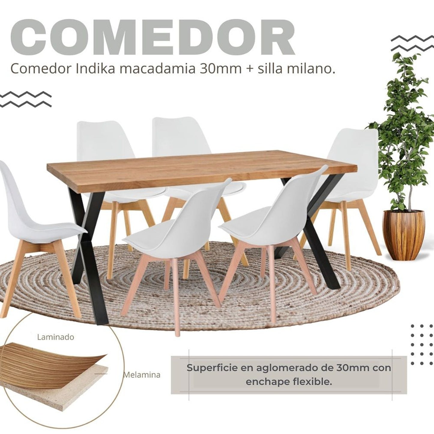 Juego de Comedor Indika macadamia con 6 Sillas Milano blanco