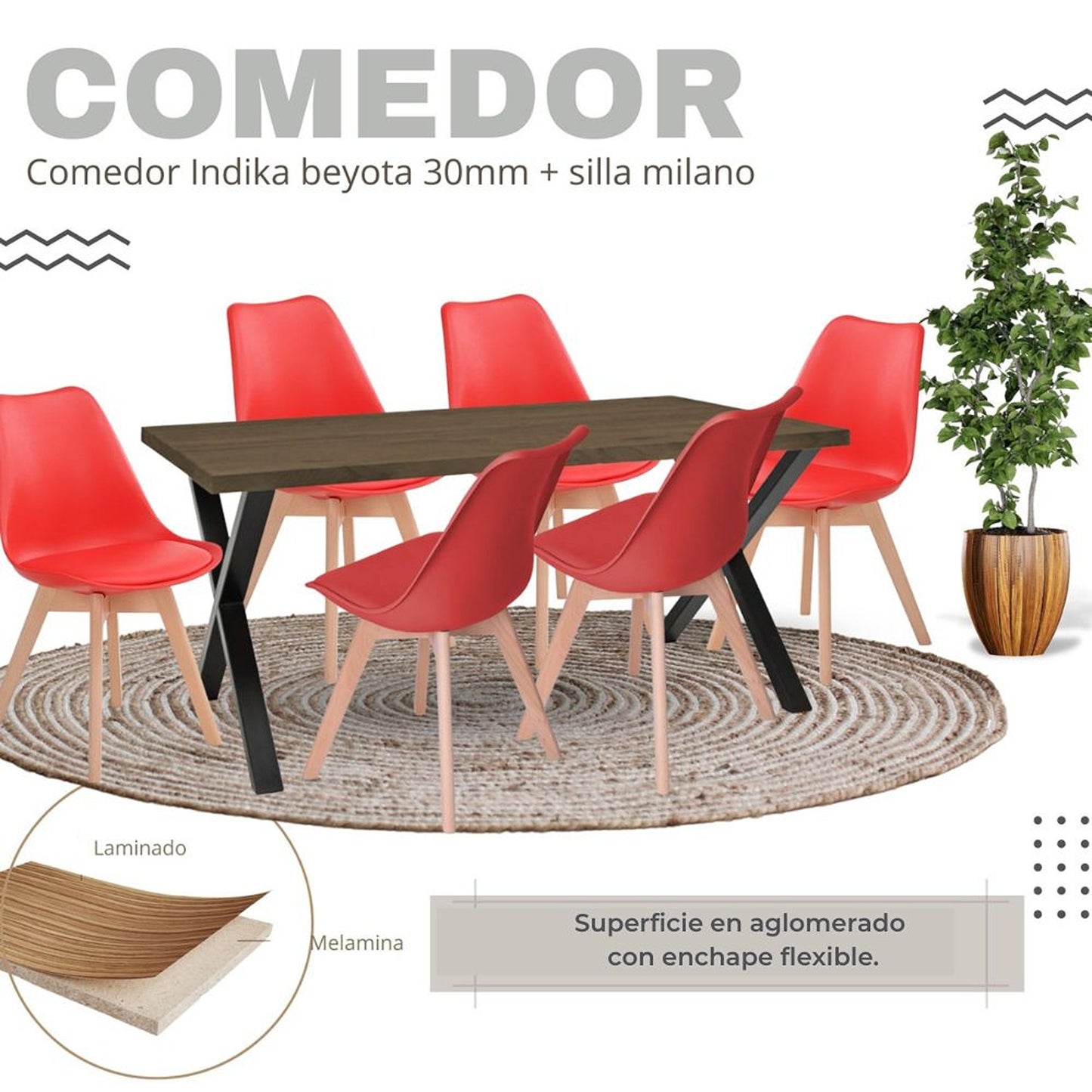 Juego de Comedor Indika beyota con 6 Sillas Milano rojo