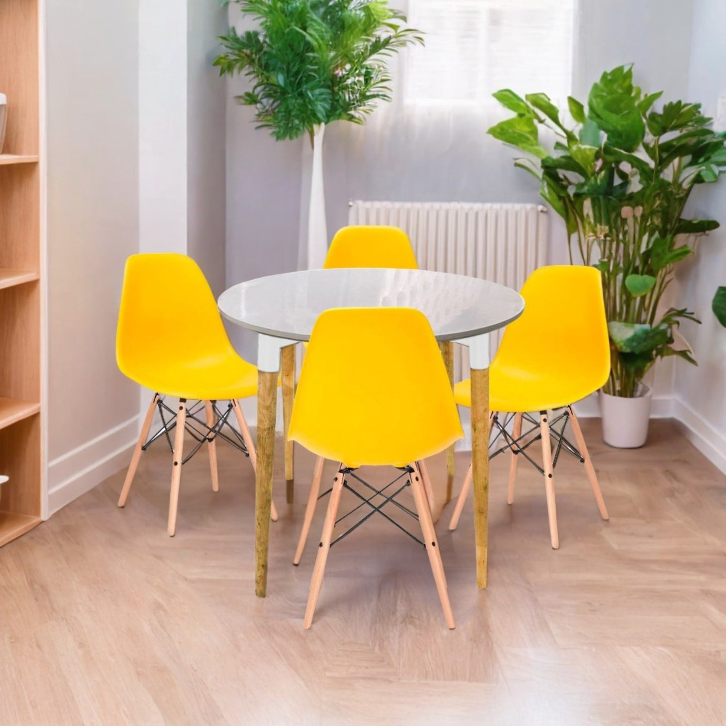 Juego de Comedor White redondo con 4 Sillas Eames amarillo